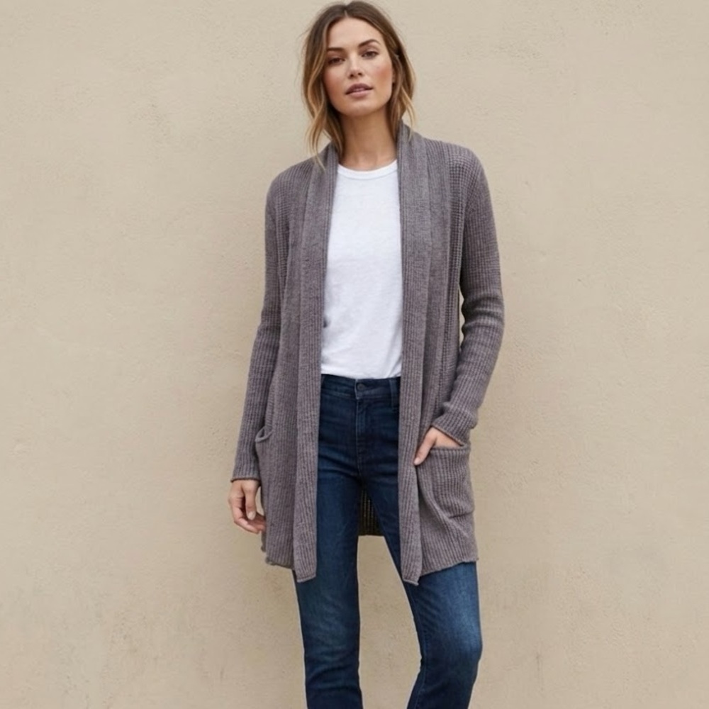 James Perse Gray Cotton/Linen Blend Draped Knit Cardigan | Size Small